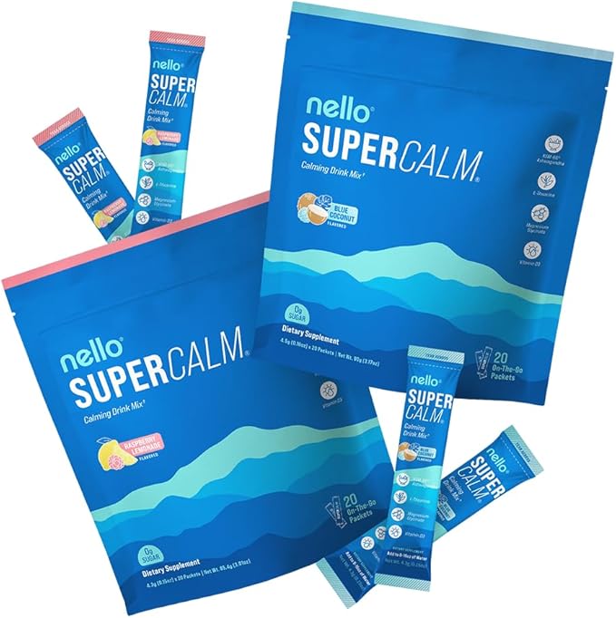 Nello Supercalm Drink Mix - Blue Coconut and Raspberry Lemonade KSM 66 Magnesium Glycinate &amp L-Theanine Supplement - Focus and Relaxation Support (2 x 20 Travel Packets)
