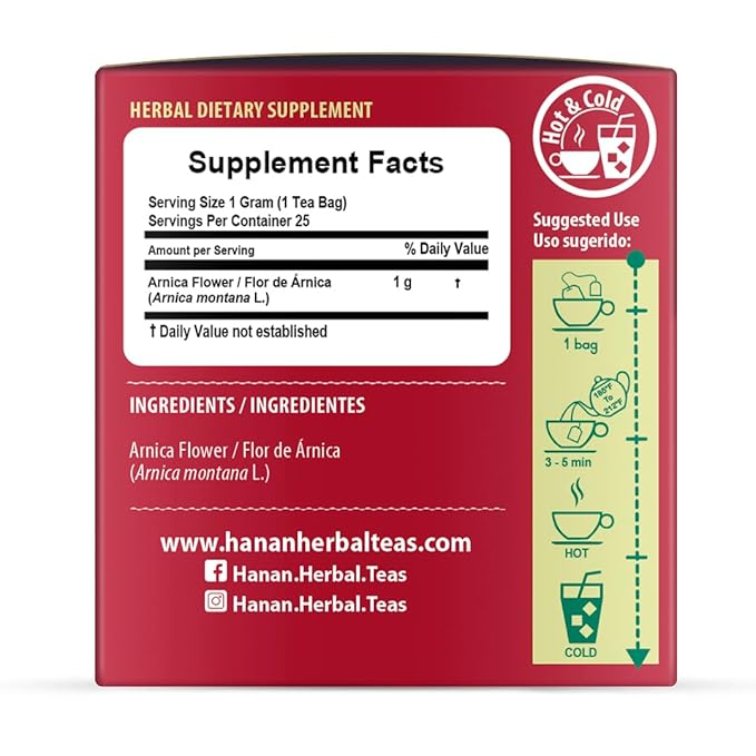 Hanan Peruvian Secrets Flor de Arnica (Arnica Flower) | 100% Natural Dried Herbal Tea from Peru known for its healing properties | 25 Tea Bags |