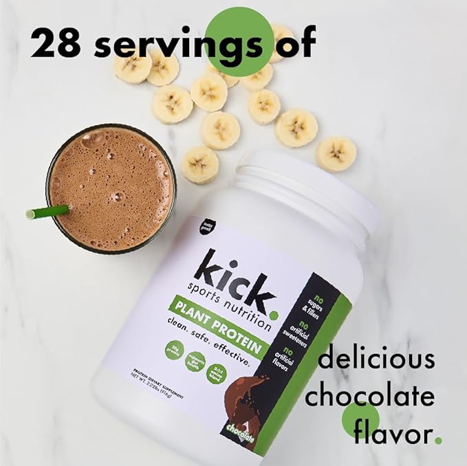 Kick Plant Protein Powder Chocolate Flavor 20 G Protein Gluten Free Workout Supplement with Aminos Acids to Support Fitness Goals &amp Gut Health No Sugar No Artificial Flavors 28 Servings