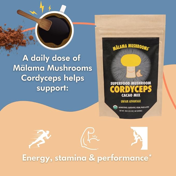 Malama Organic Mushroom Hot Cacao Mix Cordyceps Mushroom Powder with Fair Trade Cacao Supports Energy &amp Immune Health – Vegan Supplement &amp Superfood Non GMO 3.5 oz (50 Servings)
