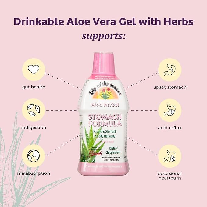 Lily of The Desert Stomach Formula Organic Aloe Vera Juice with Slippery Elm Chamomile Peppermint and Ginger for Gut Health Acid Reflux Heartburn Relief 32 Oz Gelly Sachet Included1