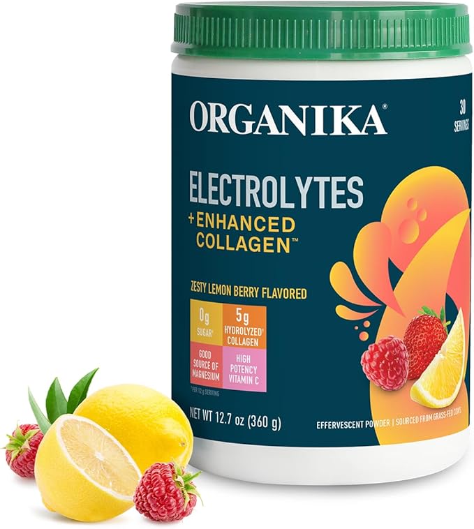Organikа Electrolytes with Enhanced Collagen Powder for Women &amp Men - 13 oz - Zesty Lemon Berry-Flavored Effervescent Electrolyte &amp Collagen Drink Mix - Deep Hydration Mobility Skin Hair &