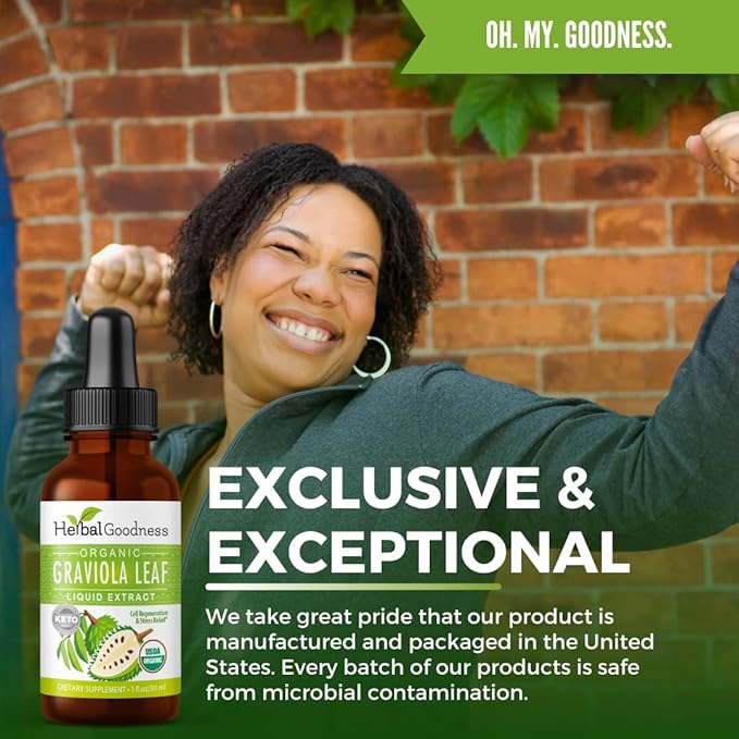 Herbal Goodness Organic Soursop Graviola Leaf Extract 1oz – 15X Concentrated Guanabana Liquid Tincture | USDA Organic &amp Kosher Certified | Supports Cell and Immune Wellness | Soursop Bitters Liqui
