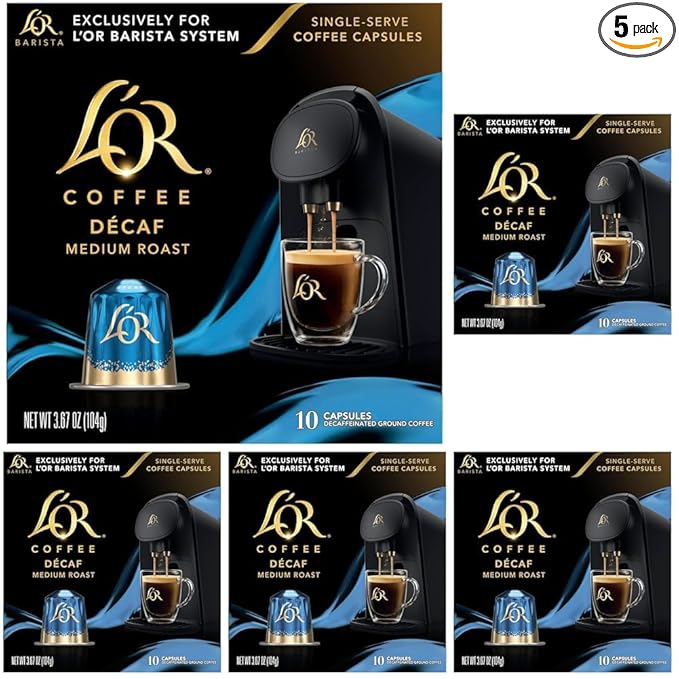 L'OR Coffee Pods 50 Count DECAF Medium Roast Single-Serve Aluminum Coffee Capsules Compatible with the L'OR BARISTA System &amp *Nespresso Original Machines 50 Count (Pack of 5)