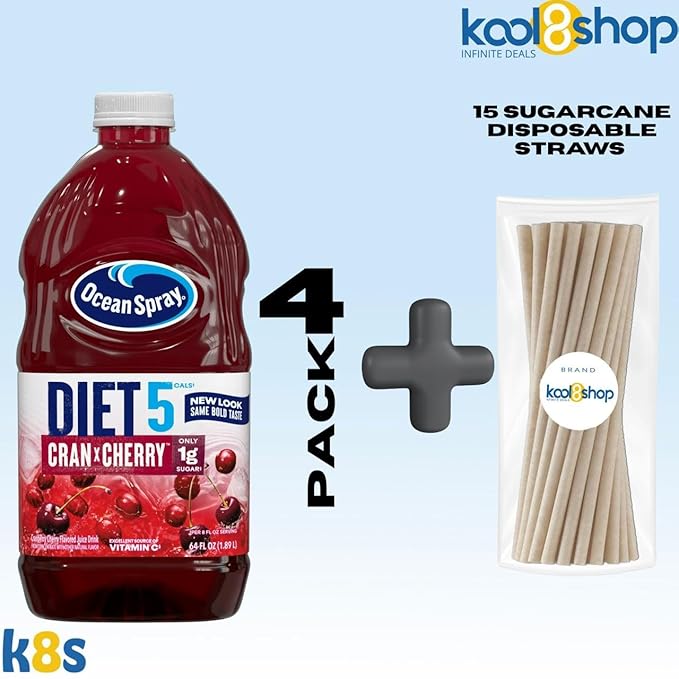 Ocean Spray Diet Cran Cherry Juice Drink 64 fl oz Plastic Bottle 4 Pack + 15 Sugarcane Disposable Straws by KOOL8SHOP Infinite Deals