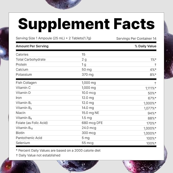 VITALBEAUTIE Super Essential (7-Day) – Women’s All‑in‑One Beauty + Multivitamin Ampoules &amp Tablets – 1000mg Fish Collagen + 1000mg Vitamin C Biotin Iron Vitamin D – Grape Flavor - 7 Servings