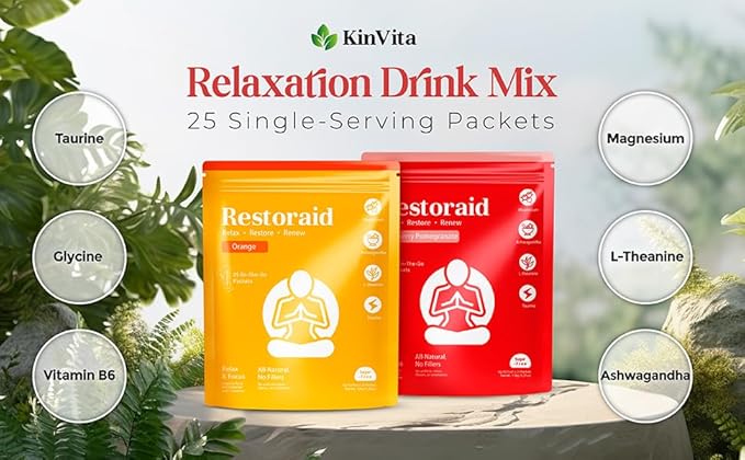 Restoraid Relaxation Drink Mix – 25 Packets | Magnesium L-Theanine Ashwagandha Taurine Glycine | Calming &amp Relaxing Supplement (Orange)