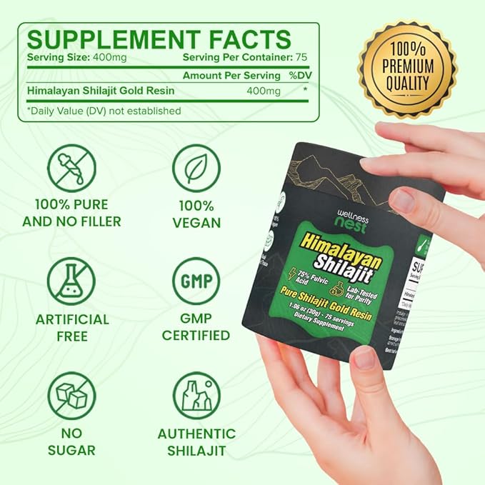 Wellness Nest Gold Grade Pure Himalayan Shilajit Resin: Ultimate Potency for Men &amp Women - 24k Gold 75%+ Fulvic Acid Lab Test Report Included - 30g (1 Pack) 75 Servings