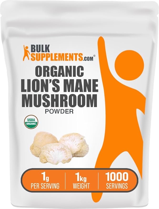 BulkSupplements.com Organic Lions Mane Mushroom Powder - Lions Mane Powder Mushroom Supplement - Vegan &amp Gluten Free 1g per Serving 1kg (2.2 lbs) (Pack of 1)