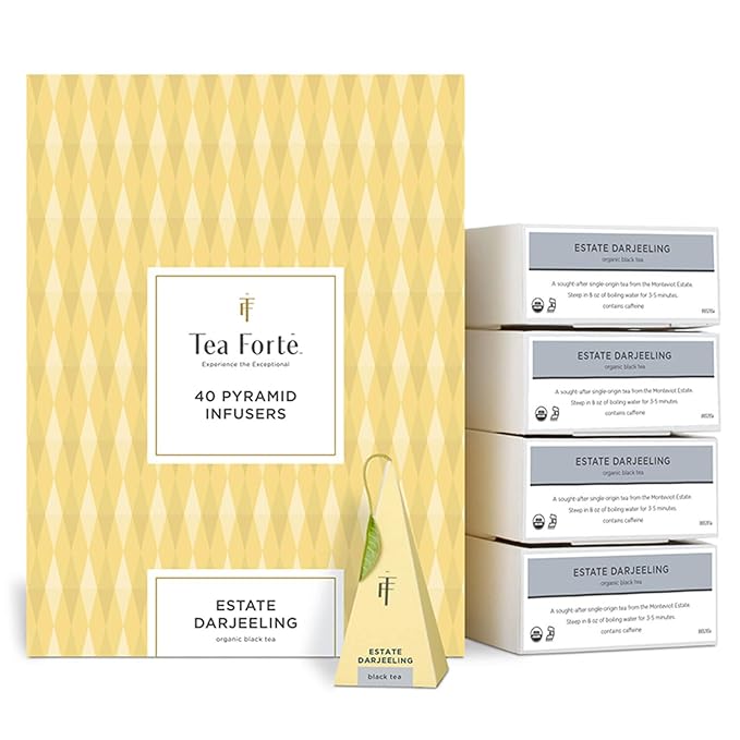 Tea Forte Estate Darjeeling Premium Caffeinated Black Tea Blend Event Box Bulk Pack 40 Count 10 per tray Individually Wrapped Handcrafted Pyramid Infusers