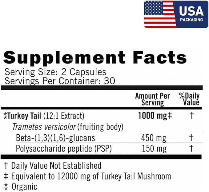 Organic Turkey Tail Capsules – 12:1 Extract 45% Beta Glucans - Fruiting Body Mushroom Supplement for Immune Support – 60 Vegan Capsules (Defend Now)