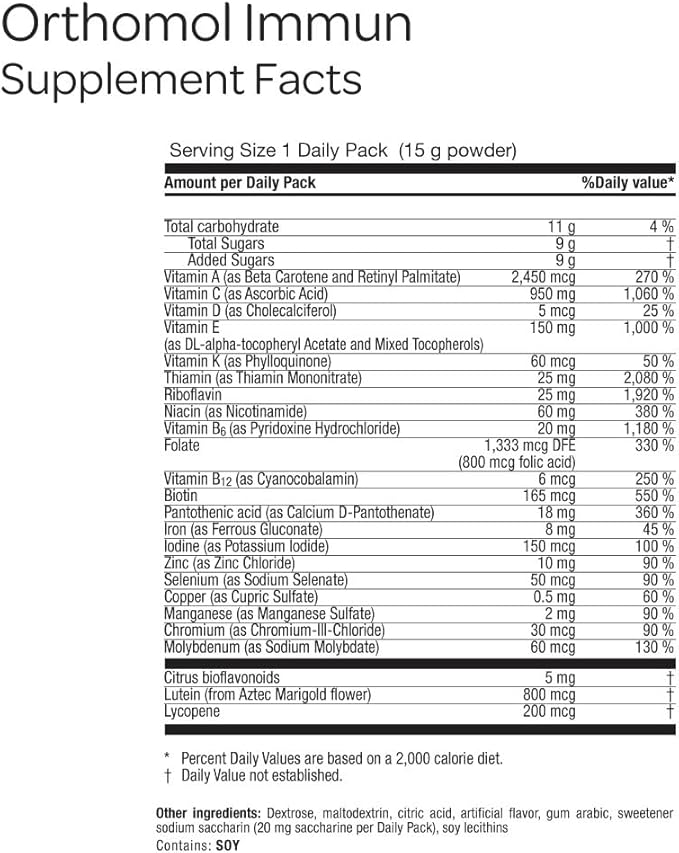 Orthomol Immun Immune Support Supplement Daily Immune System Booster Vitamins A B C D E Zinc Selenium &amp Iodine 30-Day Supply of Powder Packets