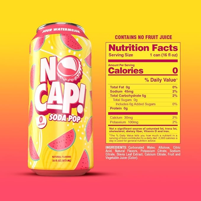 NO CAP! Next Gen Soda Pop with Zero Sugar Zero Calories and Electrolytes for Hydration Naturally Flavored Caffeine-Free Soda Vegan &amp Gluten-Free 12 oz Cans (Sour Watermelon)