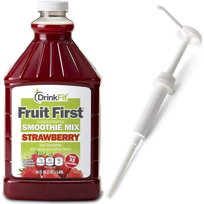 DrinkFit Fruit Smoothie | Real Fruit Puree Low Sugar Gluten:Free &amp Non:GMO Strawberry Smoothie Mix : Makes 32 Smoothies 64 Fl Oz with Dispensing Pump (Strawberry)