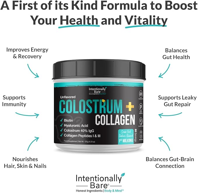 Intentionally Bare Colostrum and Collagen Powder - Bovine Colostrum Powder for Gut Health Immunity Hair Skin and Nails - Unflavored Collagen Supplement with Biotin &amp Hyaluronic Acid - 60 Servin