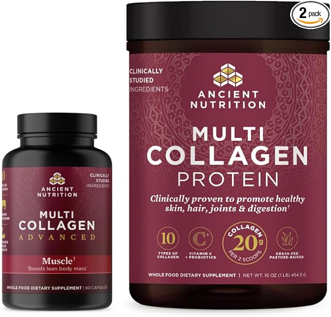 Ancient Nutrition Multi Collagen Advanced Capsules Muscle 90 Count + Multi Collagen Protein Powder Unflavored 45 Servings