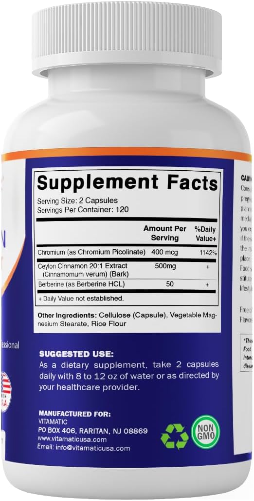 Vitamatic Ceylon Cinnamon &amp Berberine with Chromium – Plant-Based Botanical Extract – Vegetable Capsules – Non-GMO Gluten-Free – Concentrated Herbal Supplement – 240 Capsules
