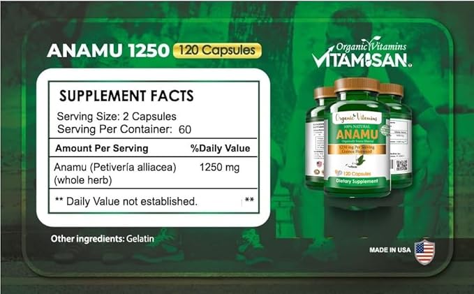 Organic Vitamins Anamu 1250mg 100% Organically Grown 240 Capsules Total Petiveria Allicea Vitamisan