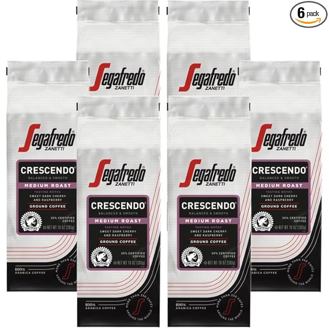 Segafredo Zanetti Ground Coffee – Made with Arabica Coffee – Medium Roast Aroma of Fresh Berries Hints of Sweet Floral &amp Cocoa – Smooth Medium-Bodied – Crescendo 10oz Bag Pack of 6