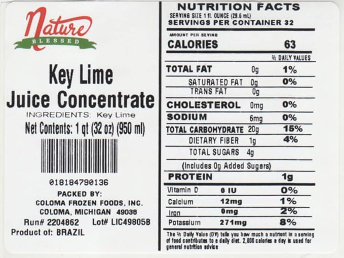 Nature Blessed 100% Pure Key Lime Fruit Juice Concentrate - 4 Quarts (4/32 fl oz bottles) Great for Home Vintners Home Brewers Mead Smoothies or Making Jelly