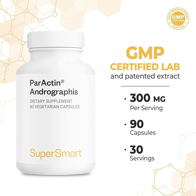 Supersmart - ParActin Supplement 300mg per Day (High Strength) - Andrographis Paniculata | Non-GMO &amp Gluten Free - 90 Vegetarian Capsules