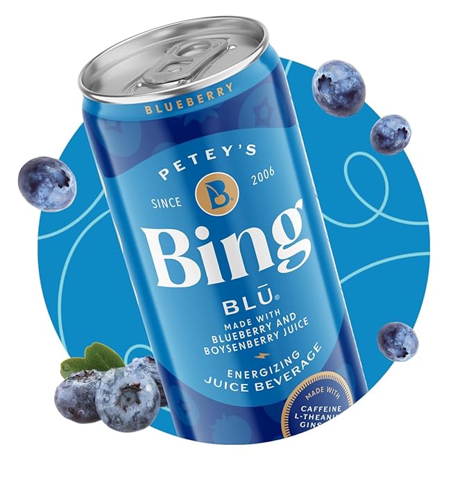 BING BLUEBERRY Energizing Juice Beverage – (12oz/24pk) – Made with REAL Juice! Only 2g added Sugar Low Calorie L-Theanine 5 B-Vitamins &amp Ginseng 125 mg Caffeine Vegan Gluten + Dairy Free. DE