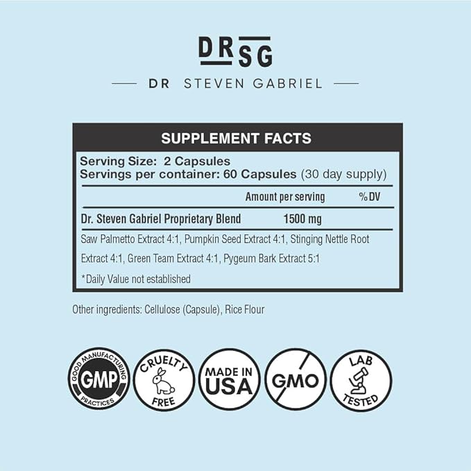 Dr. Steven Gabriel Natural DHT Blocker - Doctor-Formulated Hair Growth Supplements for Thicker Fuller-Looking Hair Saw Palmetto Stinging Nettle Pygeum Bark Pumpkin Seed Oil Capsules (60 Caps)