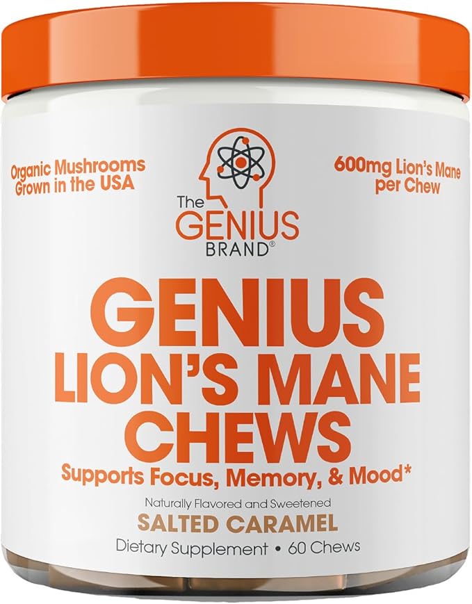 The Genius Brand Genius Lion's Mane Chews - Plant-Based Supplement for Memory Focus &amp Mood Support - Organic &amp Non-GMO - Salted Caramel - 60 Chews