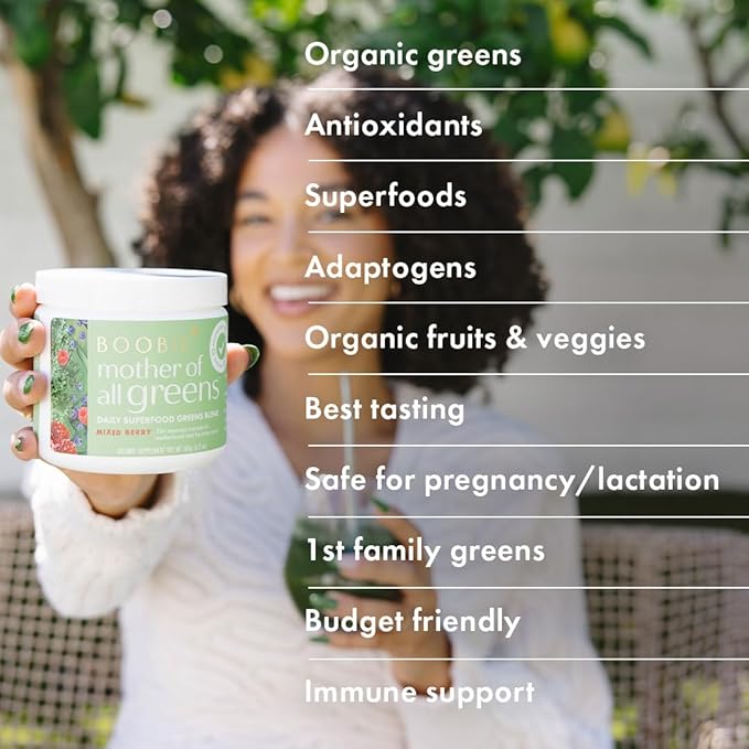 Boobie Mother of All Greens | Your New Family Ritual Daily Super Greens Powder with 35+ Essential Nutrients for Moms &amp Families | Vegan Gluten Free &amp Sugar Free | Mixed Berry Flavor 60 svg