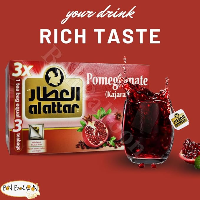 AlAttar Pomegranate Tea Pure Herbal Al Attar ElAttar El Attar Herbals No Additives Herb Non Gmo Herbs Kosher Halal (60 Tea Bags) العطار رمان حلال