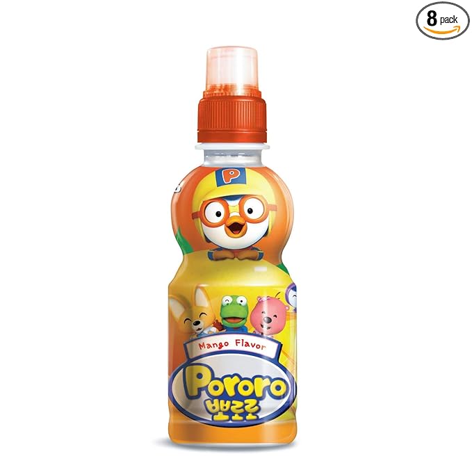 Paldo Fun &amp Yum Pororo Kids Mango Flavor Drink Pack of 8 Fruit Juice Drinks with Comfortable Push-Pull Sports Cap Perfect Drink for Children 7.95 fl oz. x 8