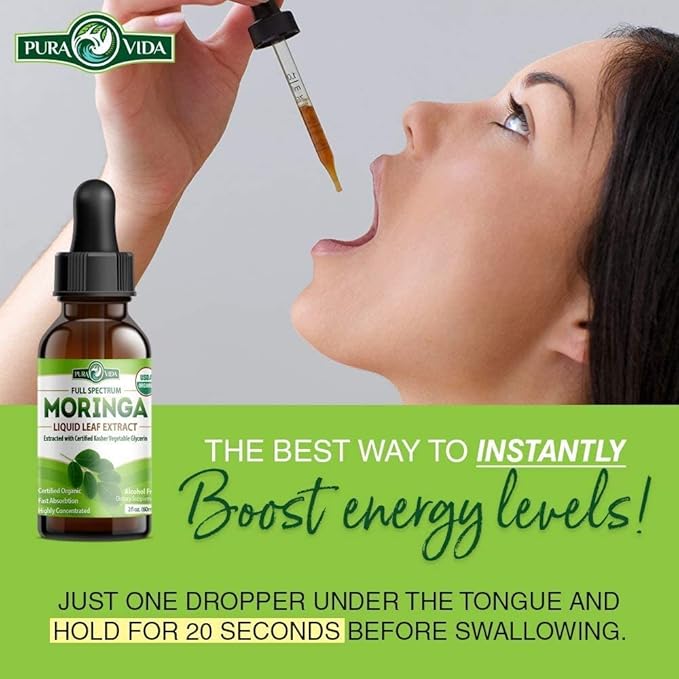 PURA VIDA MORINGA Leaf Extract Liquid Drops - USDA Organic Certified - Highly Purified Bioavailable &amp Faster Absorption than Moringa Powder or Capsules - Single Origin Moringa Oleifera Leaves Ext