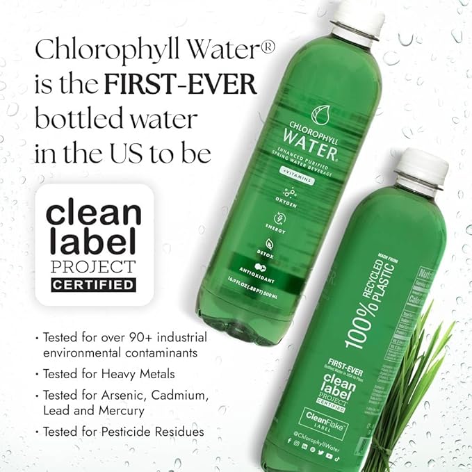 Chlorophyll Water (6-pack) Certified Clean Label Chlorophyll Liquid Drops in Purified Water Beauty Drink for Glowing Skin Anti-Aging &amp Natural Detox with Plant-Based Vitamins A B12 C D3 (16.