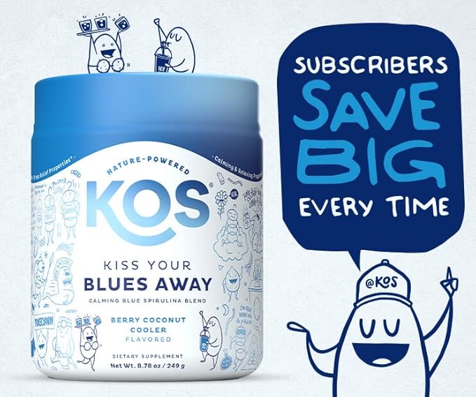 KOS Calming Blue Spirulina Blend- USDA Certified Organic - Algae Superfood Powder with Ashwagandha Root Lemon Balm Reishi Mushroom B Vitamins - Berry Coconut Cooler Flavor 28 Servings
