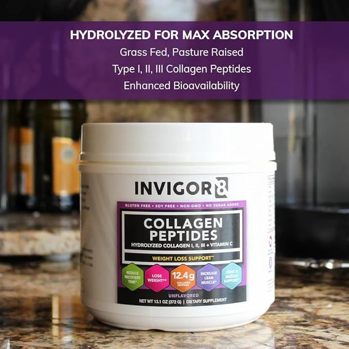 INVIGOR8 Collagen Peptides Powder Hydrolyzed + Vitamin C Hydrolyzed Type I II &amp III + Vitamin C Unflavored Non-GMO Grass-Fed Supplement Supports Joints Skin Hair Nails and Anti-Aging (12.4g)