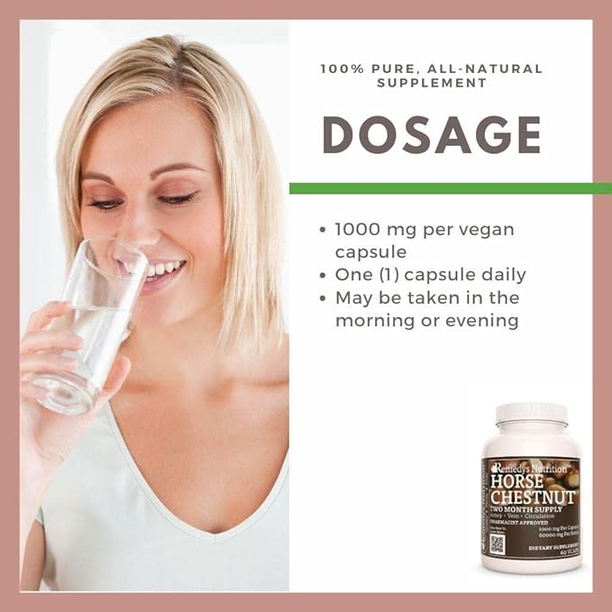 Remedy's nutrition Horse Chestnut Extract Aescin 20% - 1000mg 60 Vegan Capsules Herbal Dietary Supplement - 2 Month Supply