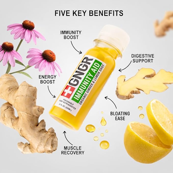 +GNGR Immunity Aid - Organic Cold-Pressed Ginger Shot with Lemon Honey &amp Echinacea. Extra-Strength Ginger Shots for Circulation Immune &amp Digestive Support. Throat Soothing Shots. 2 fl oz (Pa