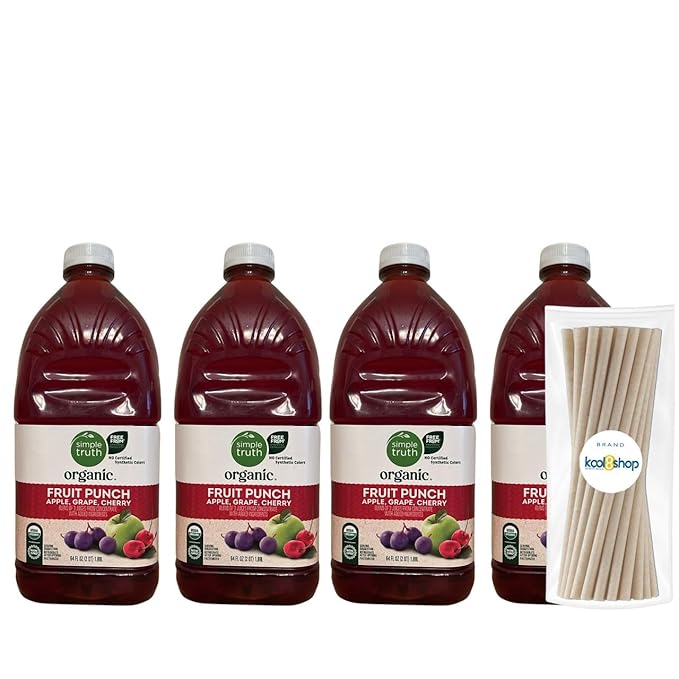 Simple Truth Organic Fruit Juice 64 fl oz Plastic Bottles 4 Pack + 15 Sugarcane Disposable Straws by KOOL8SHOP Infinite Deals (4 Pack Fruit Punch)