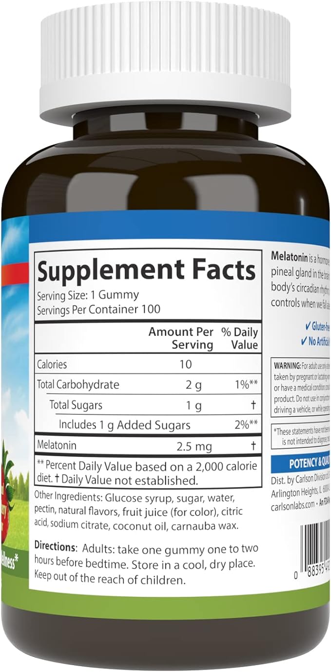 Carlson - Melatonin Gummies 2.5 mg Healthy Sleep Promotes Relaxation Natural Strawberry Flavor 100 Gummies