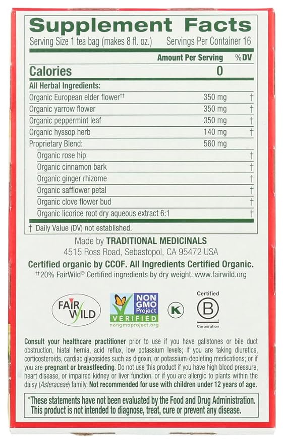 Traditional Medicinals Organic Herbal Cold Care Elderflower Spice Herbal Tea Warm &amp Comforting Seasonal Wellness (Pack of 6) - 96 Tea Bags Total