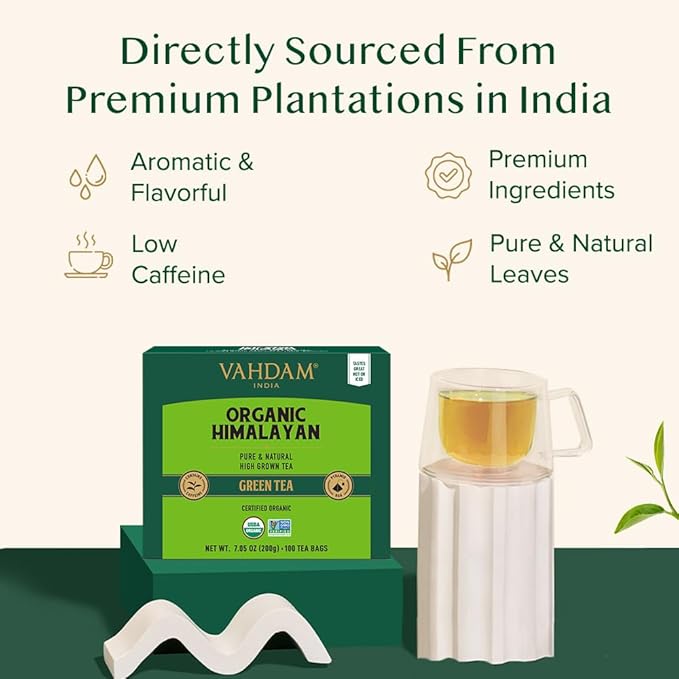 VAHDAM Organic Himalayan Green Tea (100 Count) High Grown Non GMO Gluten Free Low Caffeine | Earthy &amp Smooth | Resealable &amp Plant-Based Pyramid Tea Bags