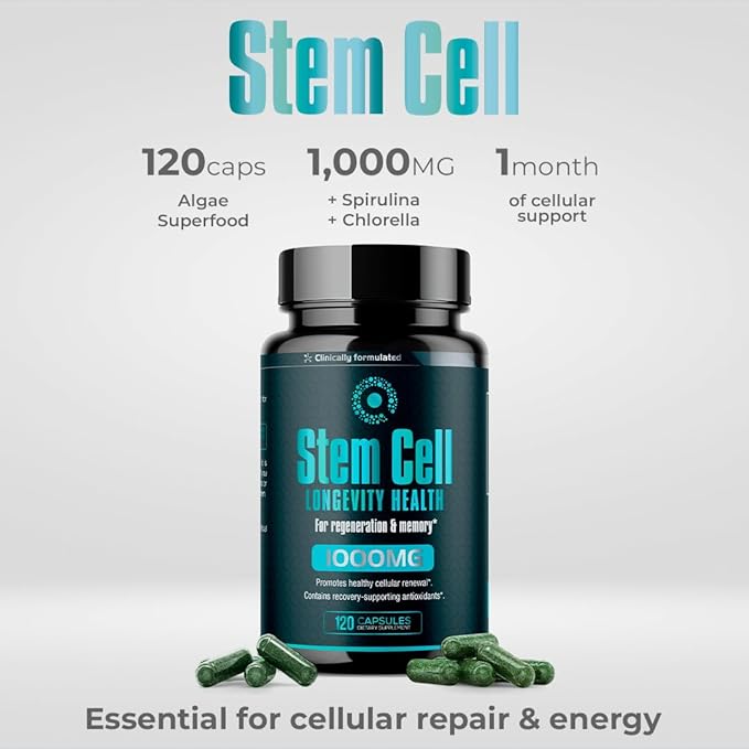 Premium Stem Cell Supplements 1000mg (240 Caps) Boost Immunity Reduce Joint Soreness Support Natural Anti-Aging &amp Longevity with Spirulina &amp Chlorella for Vitality Celulas Madre Health For