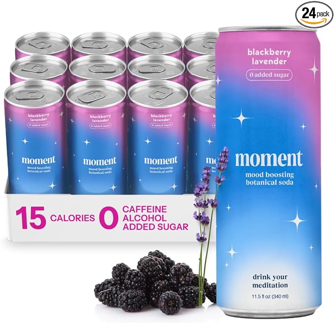 Moment Botanical Soda Soft Drink (Shark Tank) - SPARKLING Non Alcoholic Drinks | Blackberry Lavender | L-Theanine &amp Ashwagandha for Calm &amp Clarity | 0 Added Sugar 0 Caffeine | 24-pack
