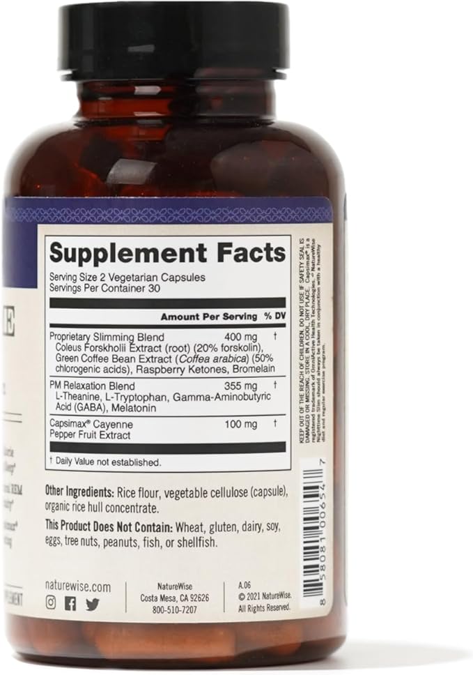 Naturewise Nighttime Fitness Support Supplement &amp Natural Sleep Aid with Cayenne Extract Green Coffee Bean GABA L-Theanine - Vegetarian Non-GMO - 60 Capsules[1-Month Supply]