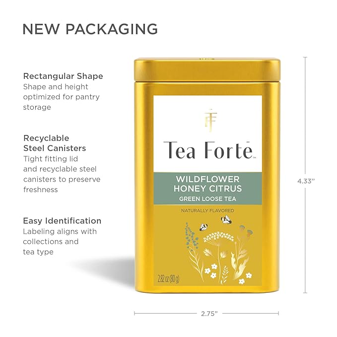 Tea Forte Wildflower Honey Citrus Premium Loose Leaf Caffeinated Green Tea Blend Canister Makes 35-50 Cups