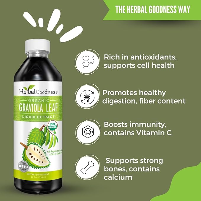 Herbal Goodness Soursop Graviola Liquid Drops 12 Fl Oz - 15X Strength Organic Guanábana Soursop Leaves Extract for Gut Health Cell &amp Immune Support Serene Soursop Drops - Vegan Non-GMO Made in