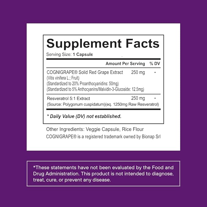 Resveratrol Complex Supplement 1500mg with Clinically Tested Cognigrape Red Grape Extract 20% Proanthocyanidins - Antioxidant &amp Brain Health Support - 90 Veggie Capsules Non-GMO Gluten-Free Veg