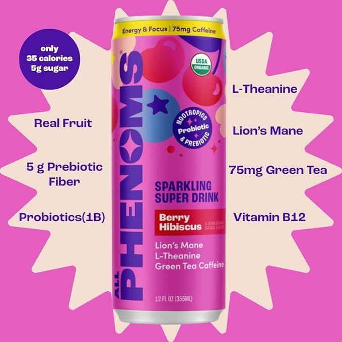 All Phenoms Energy &amp Focus Sparkling Organic Prebiotic &amp Probiotic Drink - Mushroom Blend (320mg Lions Mane) 75mg Green Tea Caffeine 75mg L-Theanine B12 - Berry Hibiscus (No Stevia) 12 Pac