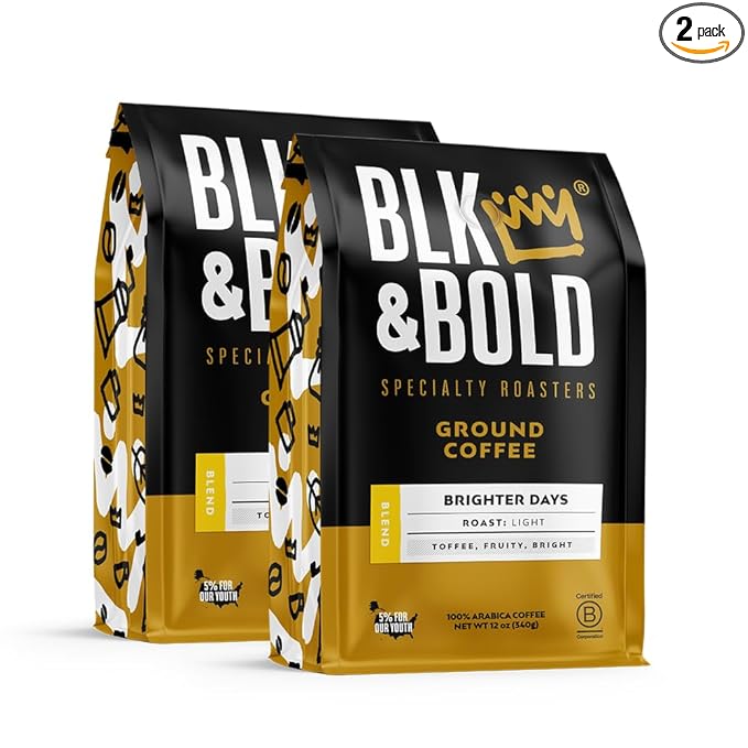 BLK &amp Bold Ground Coffee Brighter Days Light Roast 100% Arabica Coffee Fruity Toffee Flavor Notes Fresh Ground Coffee for Drip Coffee Maker French Press &amp Coffee Pot 12 oz Bags (2 Pack)