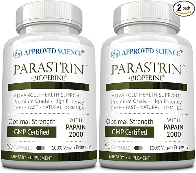 Approved Science Parastrin - 120 Capsules - Cleanse and Improve Gut Health - Black Walnut Garlic Bulb Papain 2000 BioPerine - Vegan